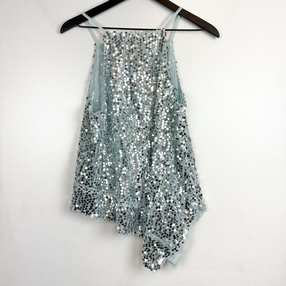 Anthropologie Sequins Asymmetrical Hem Tank Top Party Holidays Blue Silver - M - Picture 7 of 10